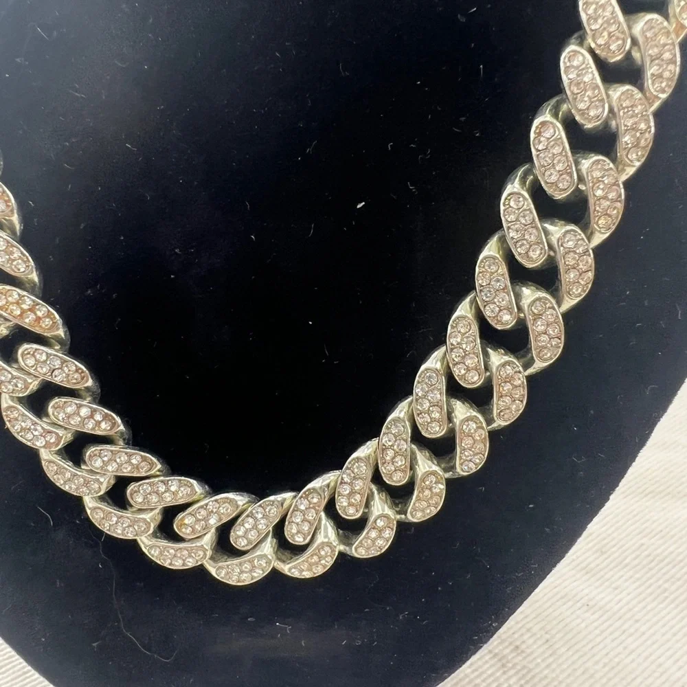 Miami Cuban Link Silver tone with rhinestones Necklace.